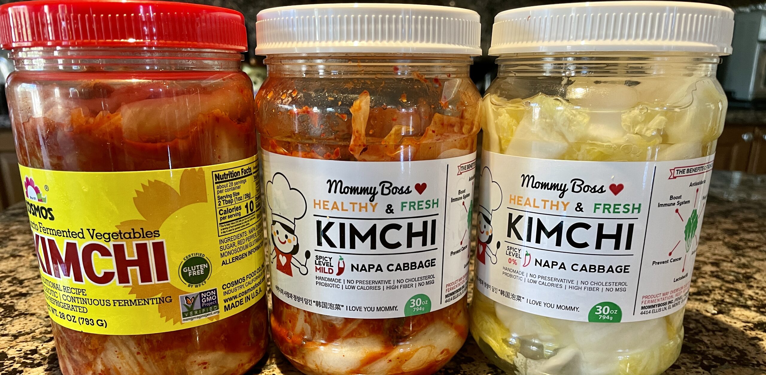 3 kinds of kimchi in jars