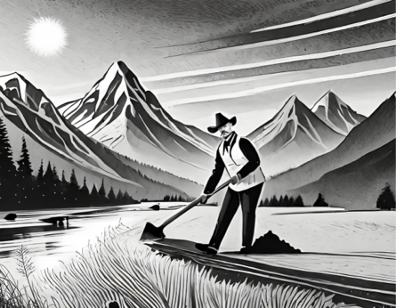 Recent obsessions artwork man with a shovel in the mountains, digging up something