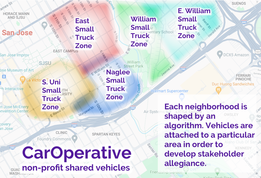 San Jose neighborhoods divided into zones around their car operative nodes
