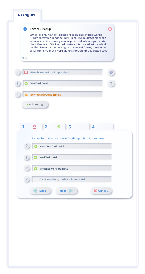 Examples of UI components including pop-up box, data, entry, buttons and multiple tab, test verification widget