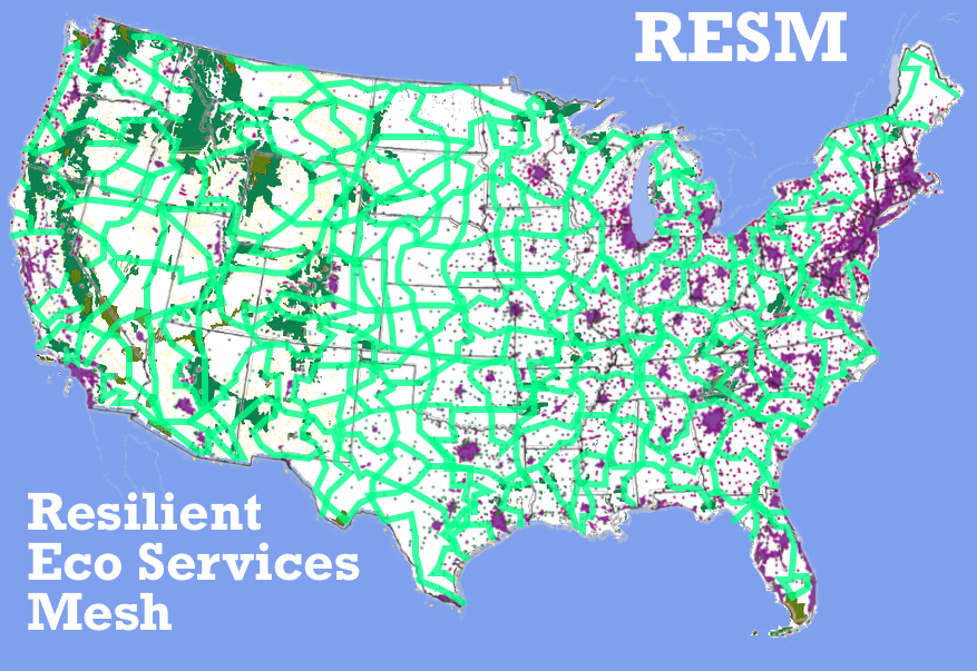RESM, resilient Eco-Services mesh, map of the United States, showing parks and reserves all connected by wildlife pathways