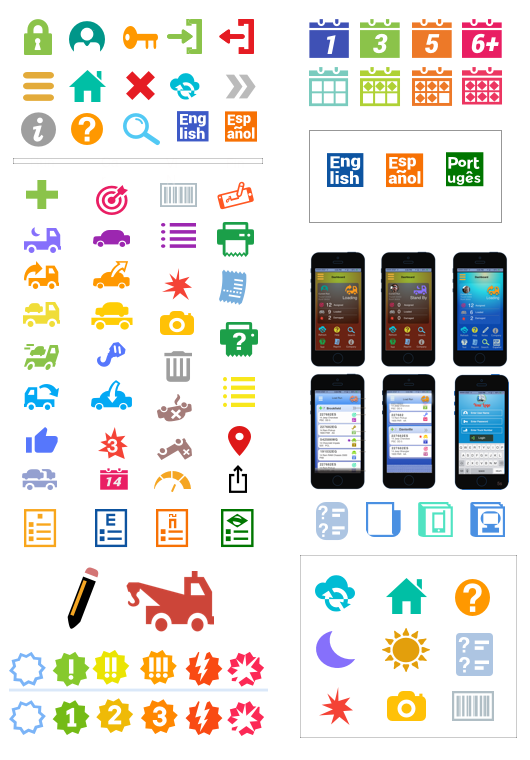 Portfolio sheet of graphics for trucking project icons and iPhone UI, website