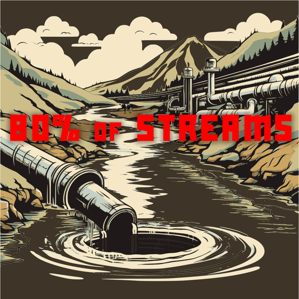  a pipe dumping sludge into a stream in the mountains, poster style