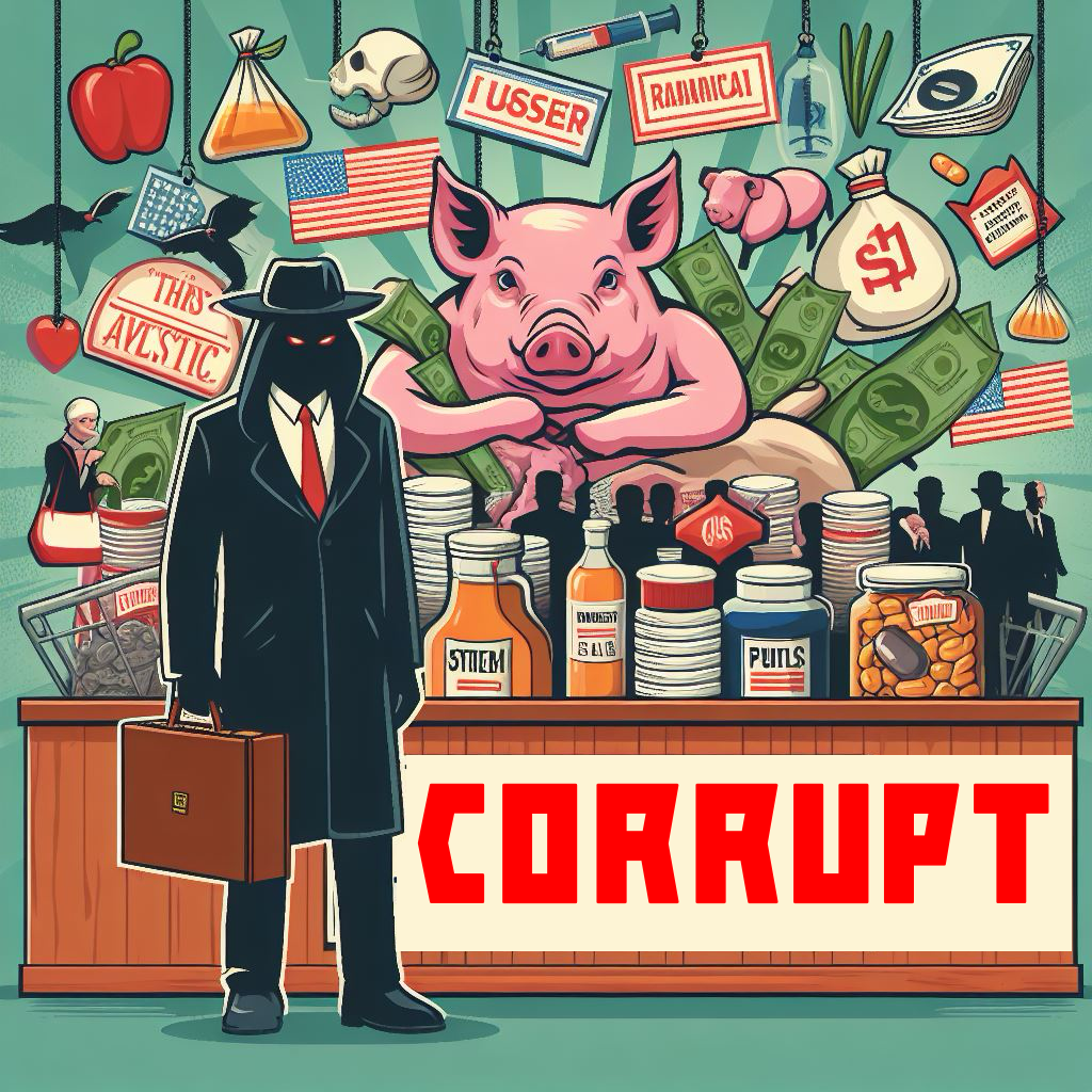  a pig behind a counter with money, pill jars, syringes and a dark mat figure carrying a briefcase in front