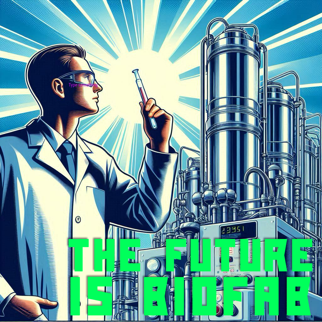 THE FUTURE IS BIOFAB Scientist holding a test tube with light burst behind it And Steel precision fragmentation tanks