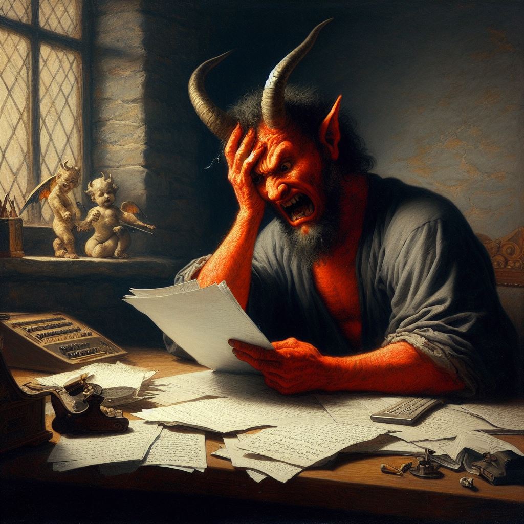 A red devil with horns sitting at a office desk stymied by detailed paperwork