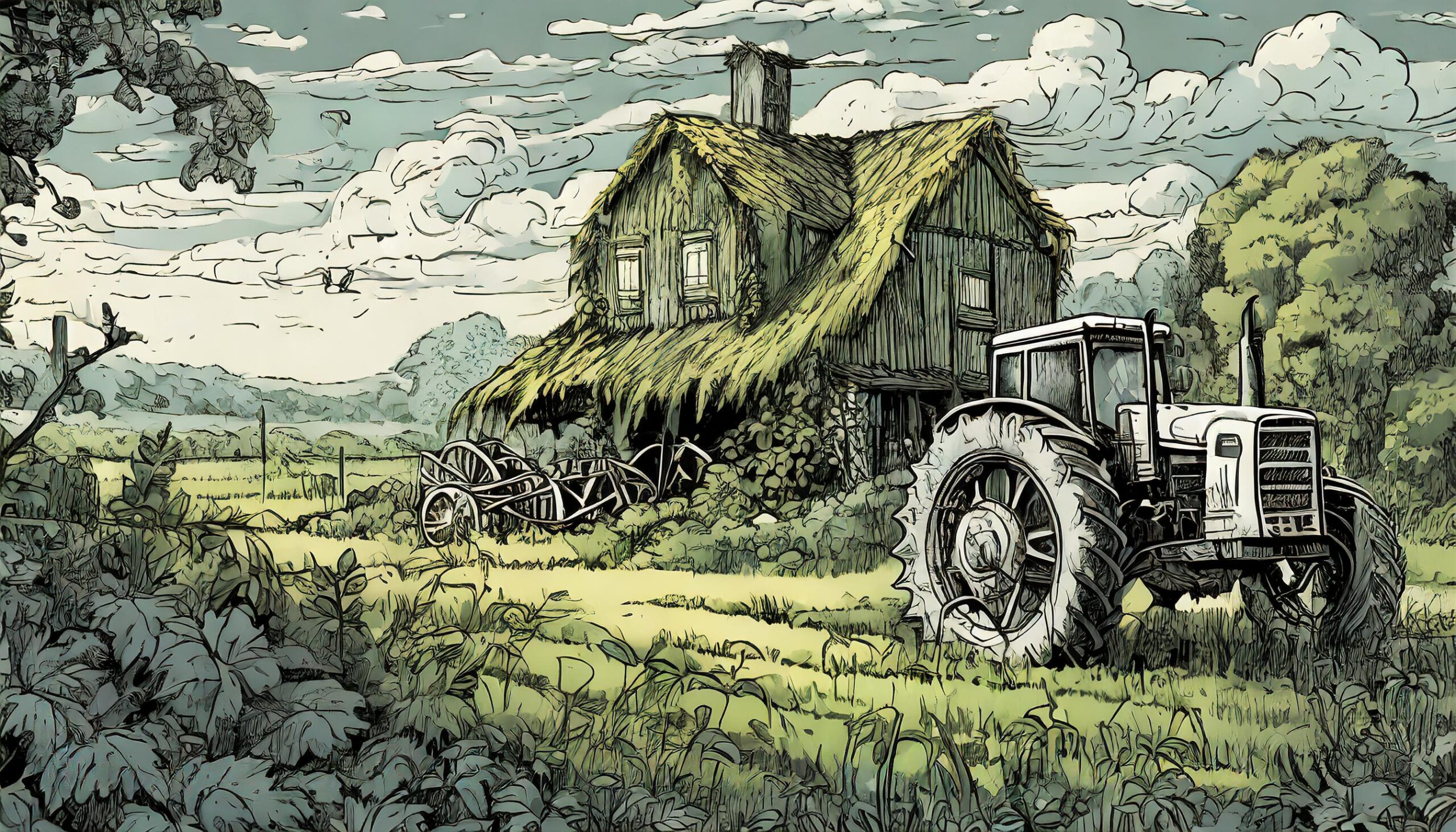 An overgrown farm with a tractor on the right side, etching style