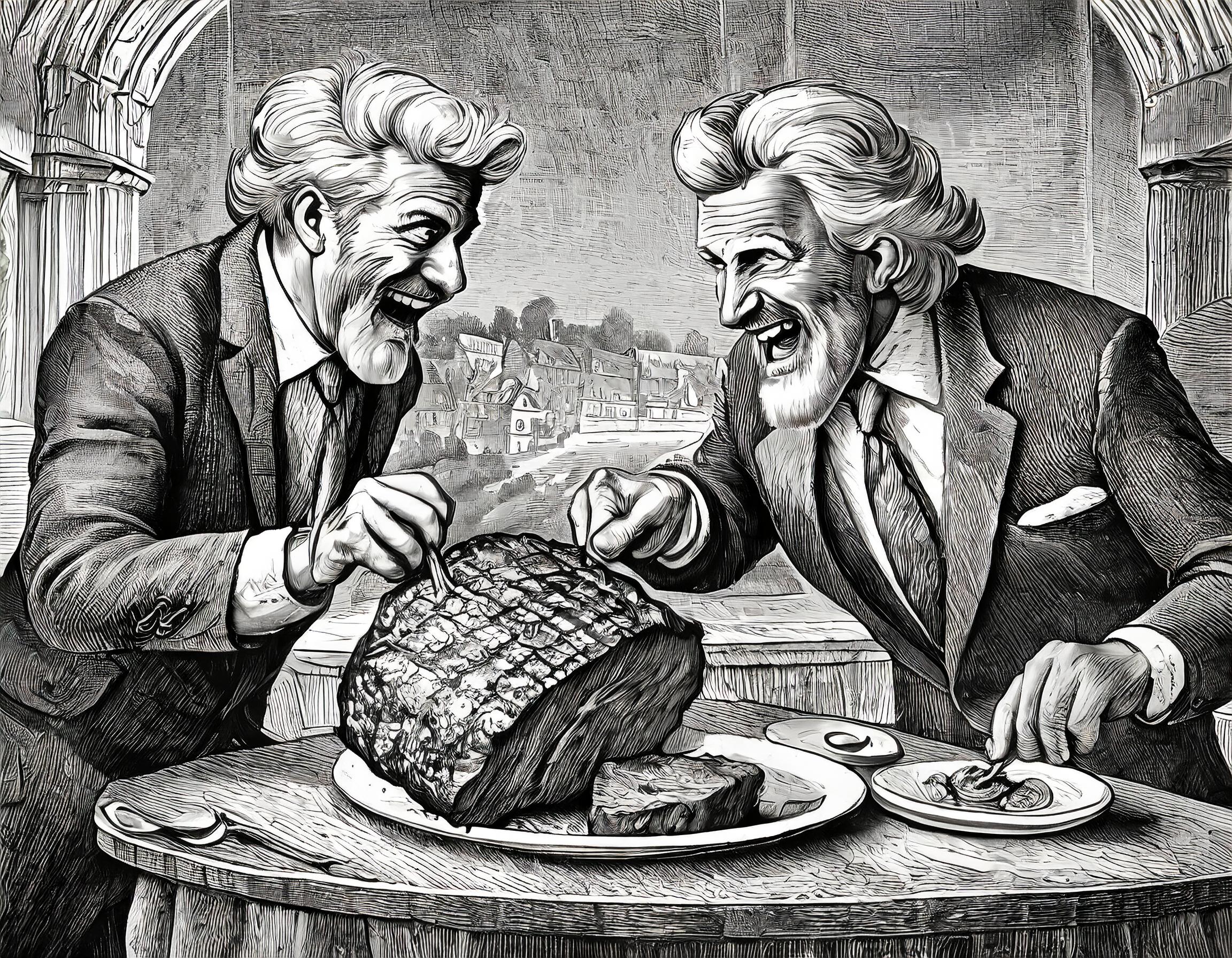 Victorian etching. block style of two executives fighting over a giant steak