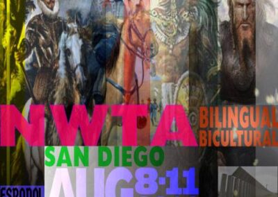 Poster for bilingual, MKP, San Diego, 2014, conquistadors, Cowboys, Aztecs, and Nordic warrior