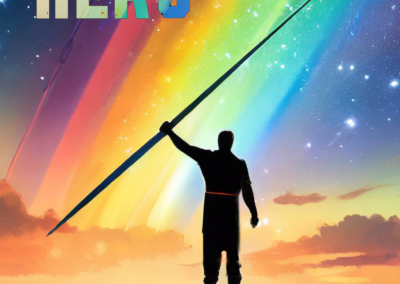 MKP Poster: Warrior on Hilltop with Spear, dramatic night sky With rainbow, phone format