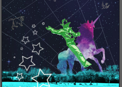 Martin Sunday, the rainbow cowboy on a unicorn throwing stars over LOMG, constellation background, poster