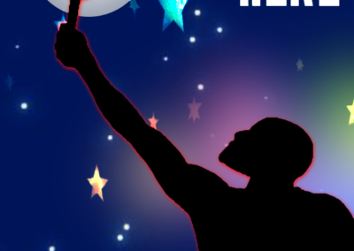 Silhouette of man holding a torch with stars blue background