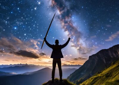 Man on a hilltop holding staff looking out at mountains and stars, Milky Way