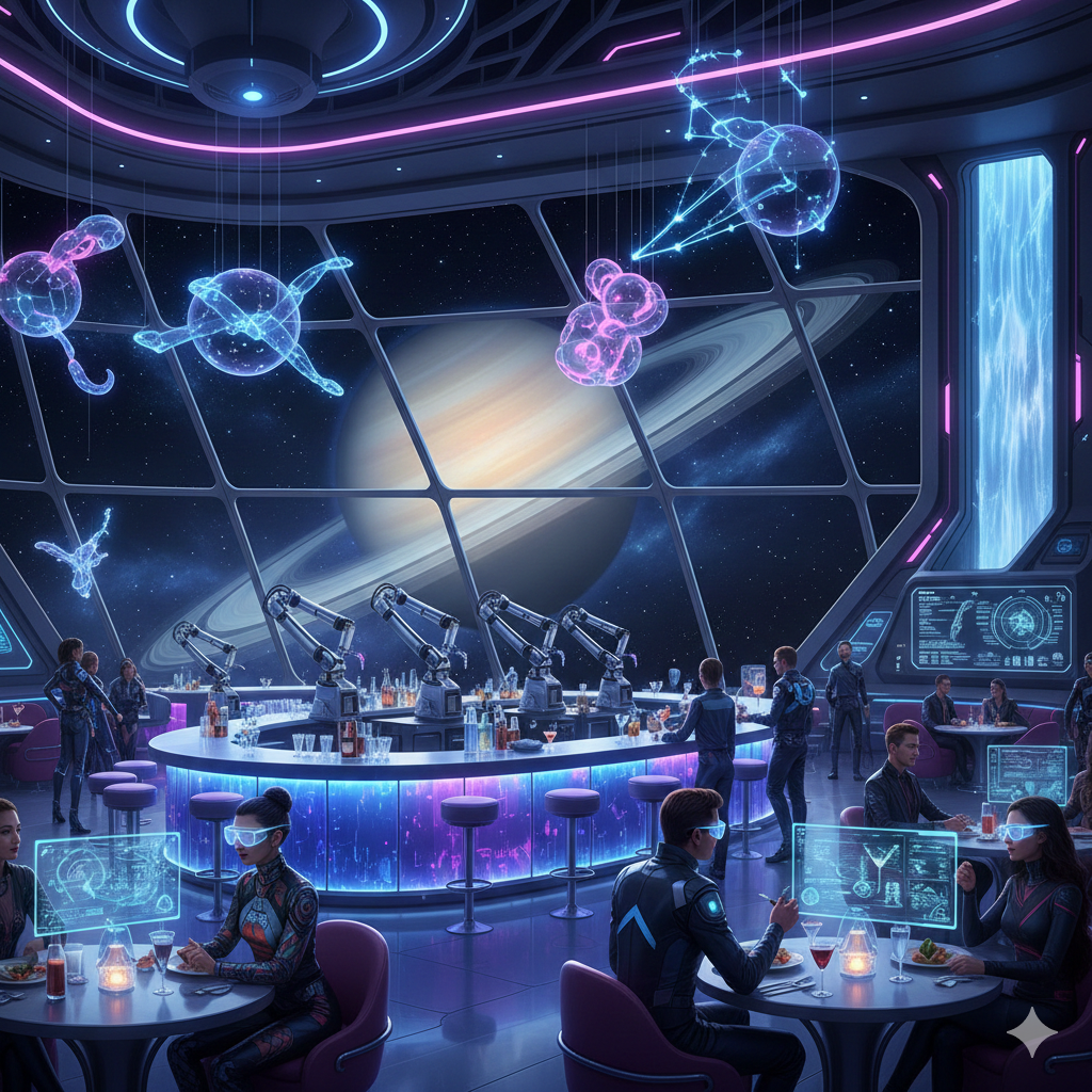 Futuristic Cafe nightclub with view of Saturn Futuristic Cafe nightclub with view of Saturn