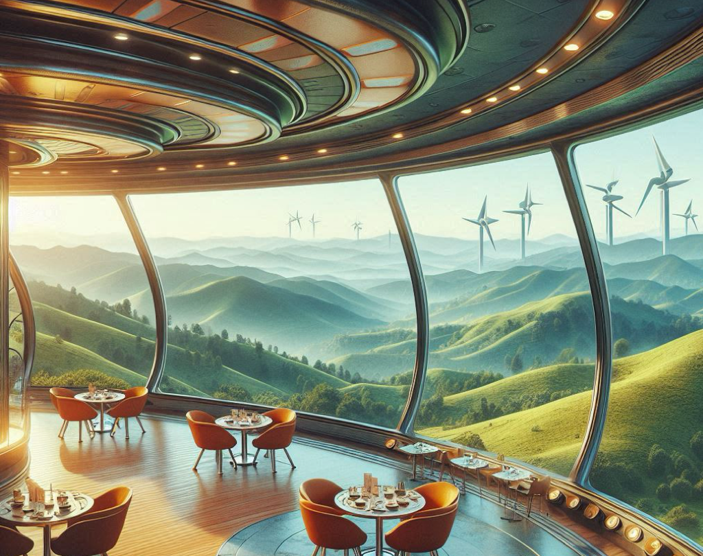 Futuristic Café with Green Hills and wind turbines outside